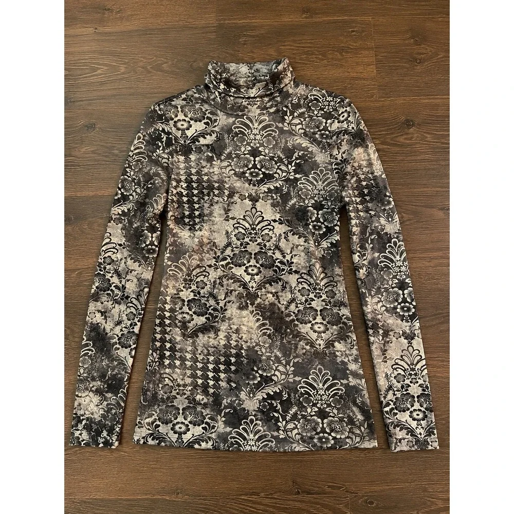 Karen Kane Womens Grey Black Damask Houndstooth Turtleneck Top Long Sleeve Small